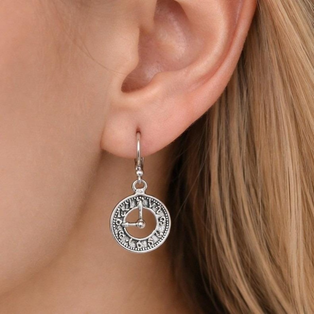 Vintage Clock Face Drop Earrings Silver Tone Dangle Jewelry